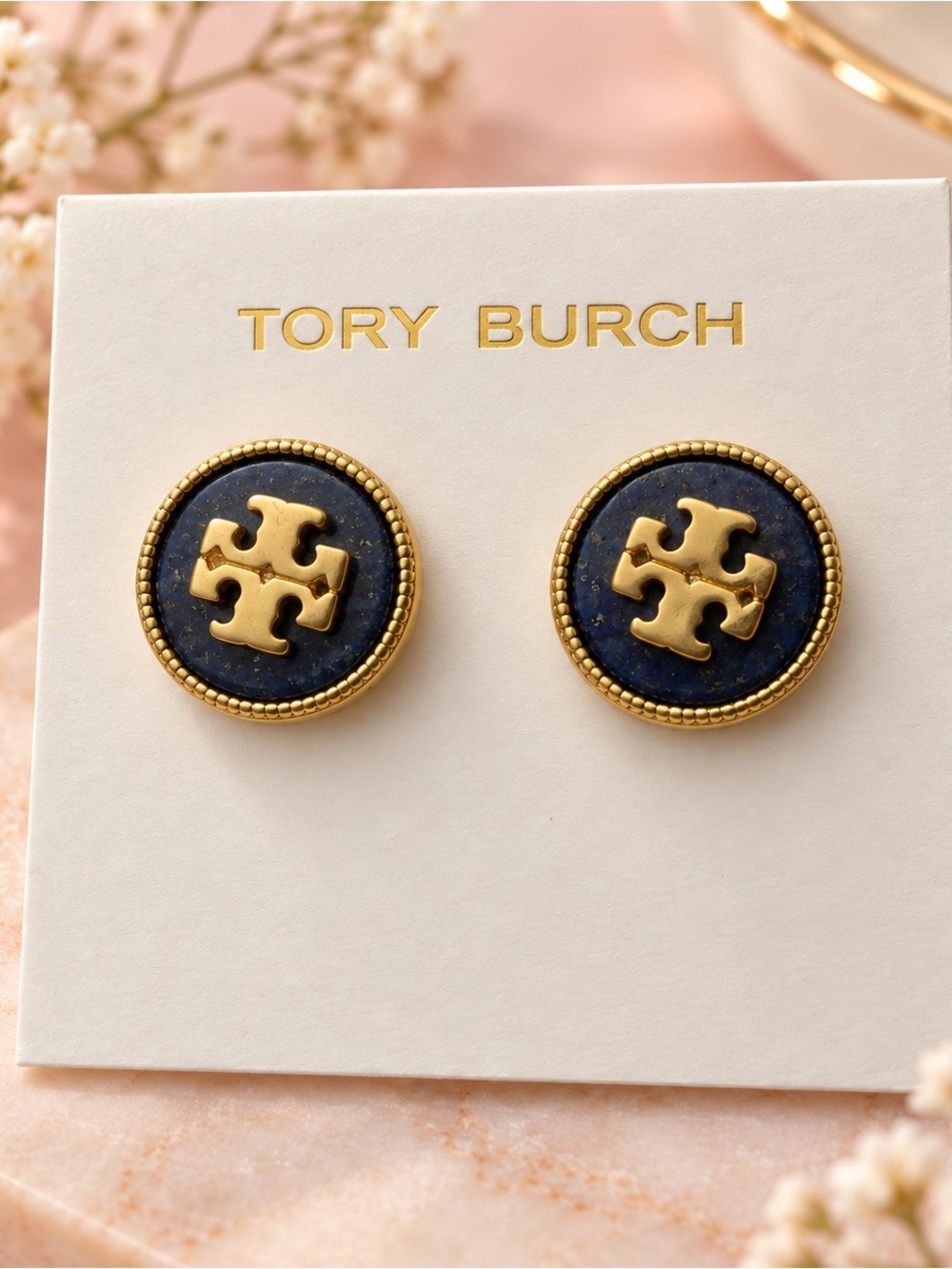 Tory Burch Gold and Navy Round Logo Button Earrings